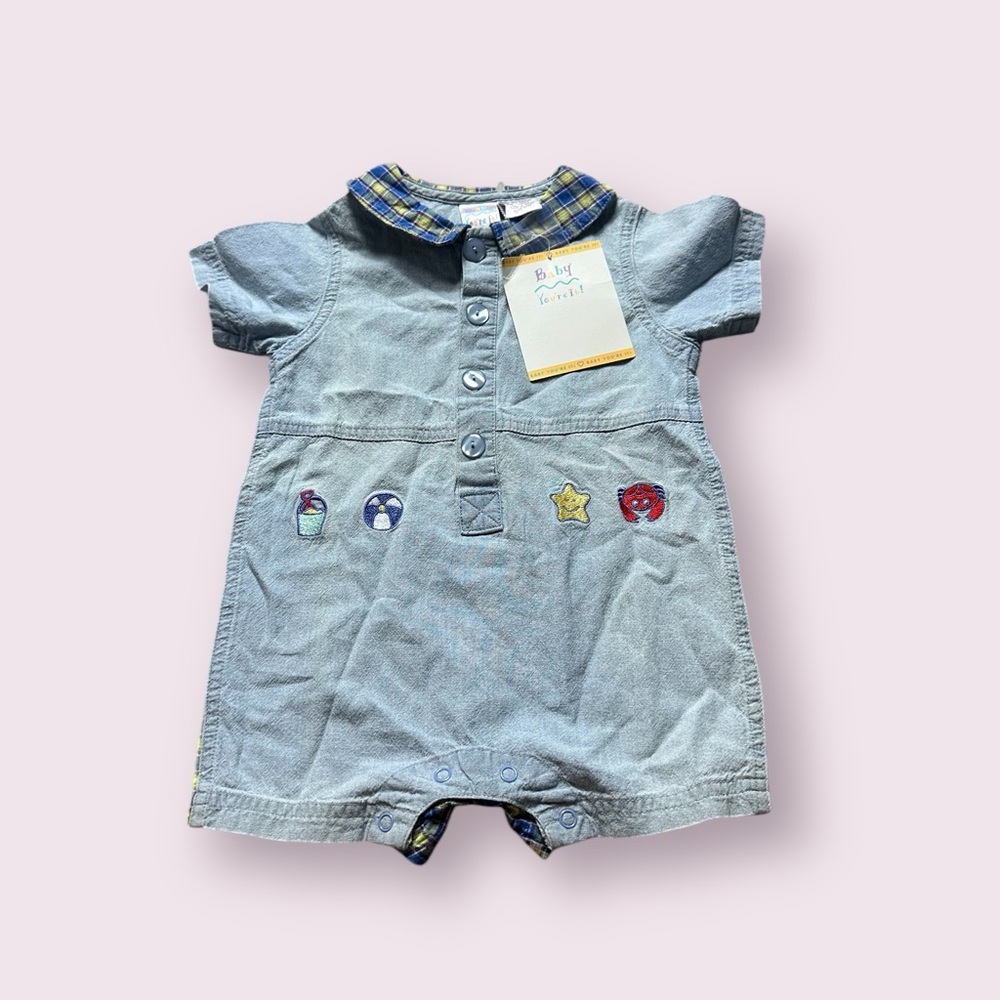 Vintage With Tags Baby You’re It Light Wash Denim Plaid Beach Embroidered Romper